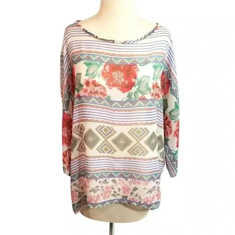 {Bobeu} Southwestern Rose Print Sheer Top